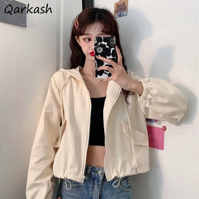 

Basic Jackets Women with Hat Cropped Spring Preppy Simple Cozy Daily Zipper Casual Teens All-match Outwear Popular Korean Style