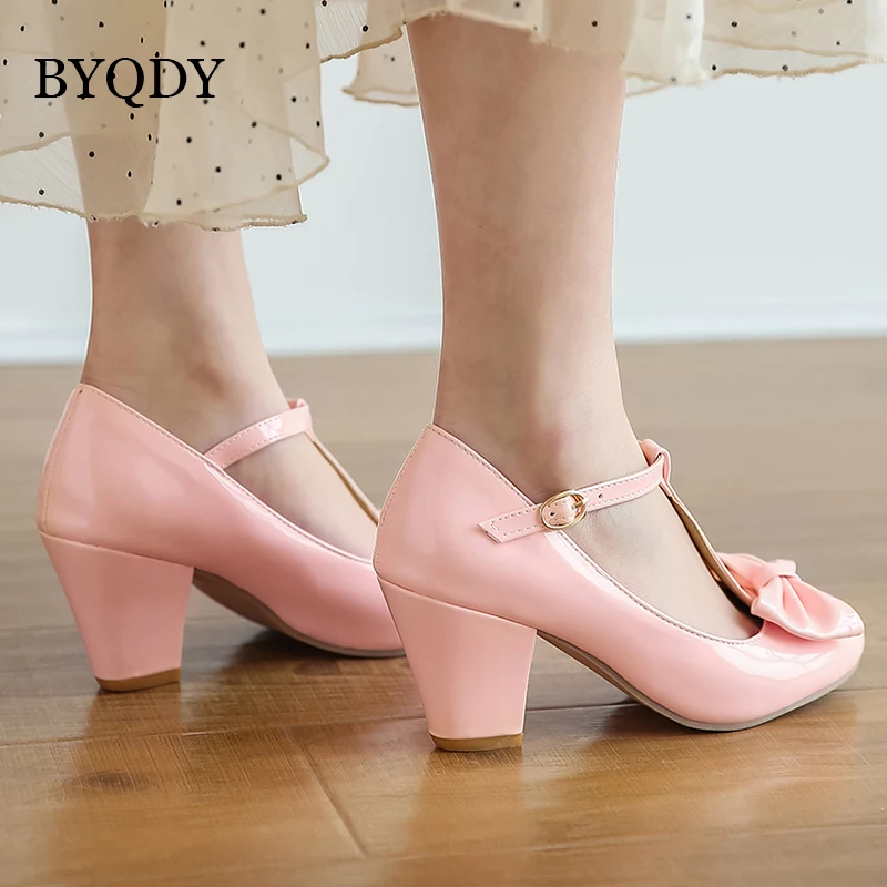 BYQDY Sweet Lolita Princess Pumps Women Mary Jane Shoes Bow Round Head Black Japanese College Pumps T-Strap Shoes Big Size 43-48