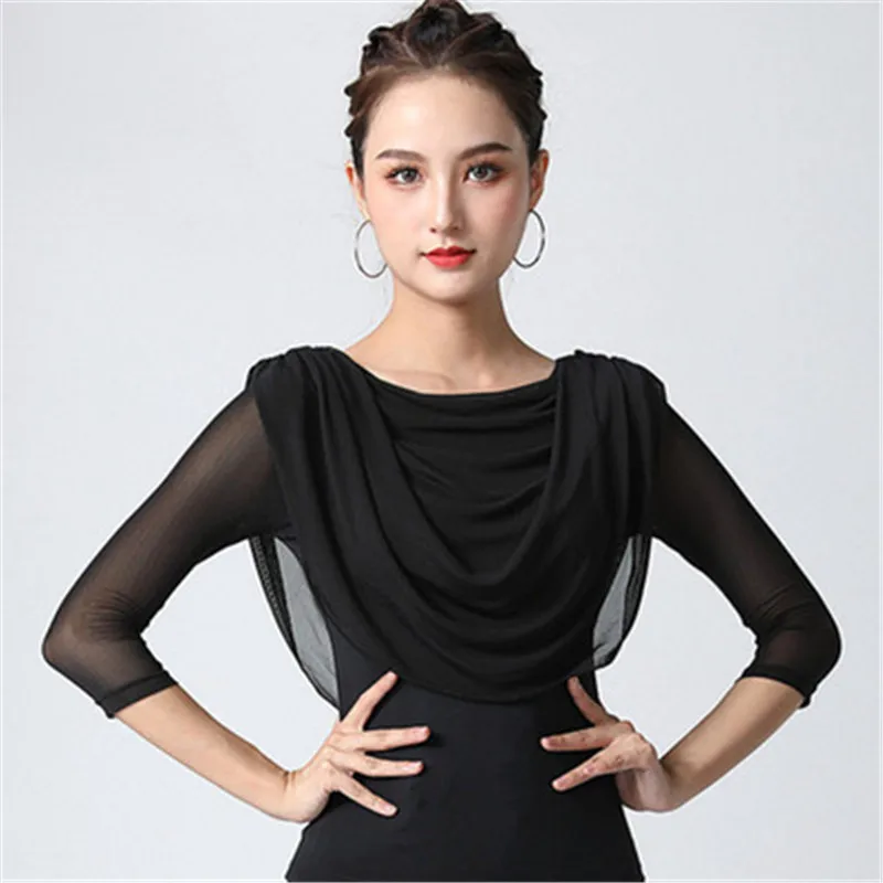 New latin dance clothes national standard dance shirt Women's mid-sleeve mesh modern ballroom dancing round neck exercise clot