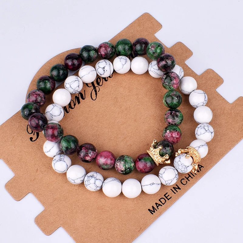 2pcs Charm Paired Bracelets Men Sets Crown Women\'s Bracelets Natural Stone Beads Wristband Couple Bracelet Gifts Friends Jewelry