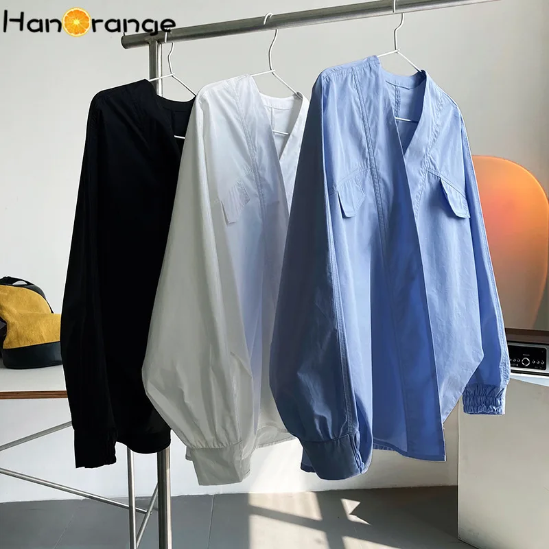 HanOrange 2024 Spring Lazy Style Niche Cotton Loose Bat Sleeve V-neck Shirt Woman Single Row Two Buttons