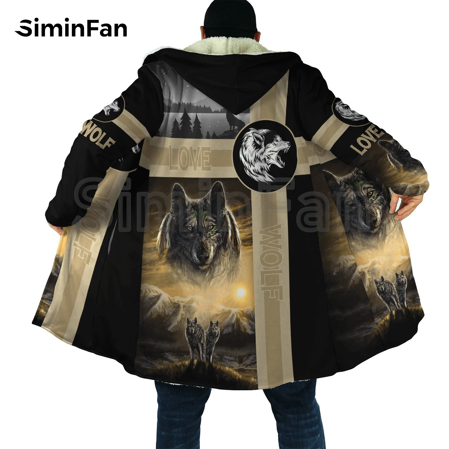 Tribal Style Night Wolf 3D Printed Mens Hooded Cloak Windbreaker Winter Thick Flannel Coat Unisex Casual Cashmere Warm Jacket H7