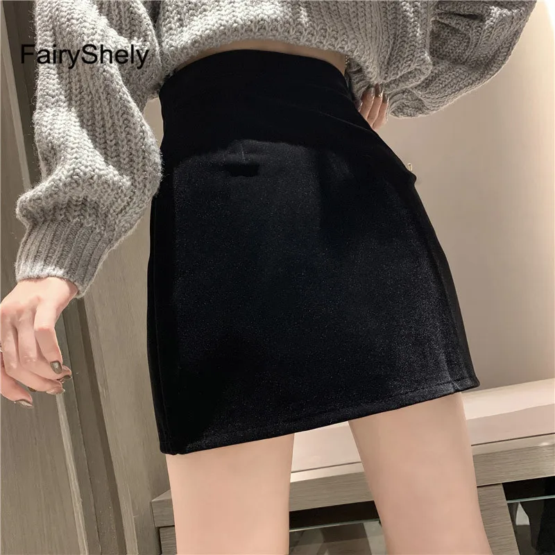 FairyShely Black Mini Skirt Women 2024 Velvet Short Pencil Skirt Korean Ladies Sexy Office Wear High Waist Skirts Zipper Faldas