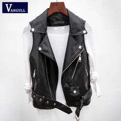 Vangull PU Leder Weste Weste Solide Frauen Motorrad Weste 2022 Frühling Herbst Neue Hohe Qualität Sleeveless Zipper Westen Tops