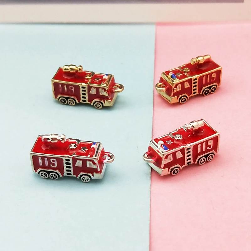 5PCS 3D Fire Truck Enamel Pendant Charms Oil Drop 119 Truck Model Keychain Finding DIY Handmade Bracelet Floating Jewelry Make