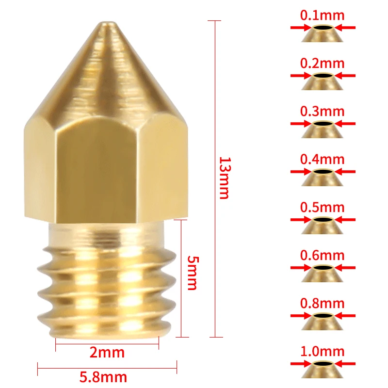 5/10pcs Nozzle Full Metal 0.1/0.2/0.3/0.4/0.5/0.6/0.8/1.0mm Optional for 1.75 Filament Hotend ExtruderFor Ender-3 3D Printer