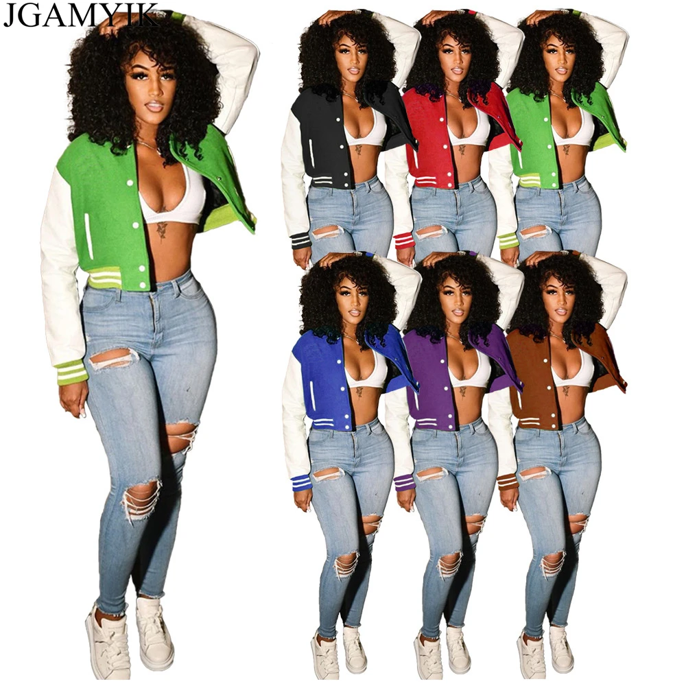 

JGAMYIK Cropped Baseball Jackets For Women 2021 Fall Vintage Clothes Streetwear Varsity Jacket Multicolor Outerwear