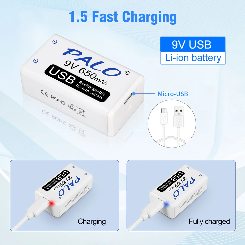 PALO-16-50 개 9V 충전식 배터리 650mAh 6F22 9v 리튬 이온 배터리, 마이크 스캐너 용 Usb 포트 포함 AVO 미터 멀티 미터 9V
