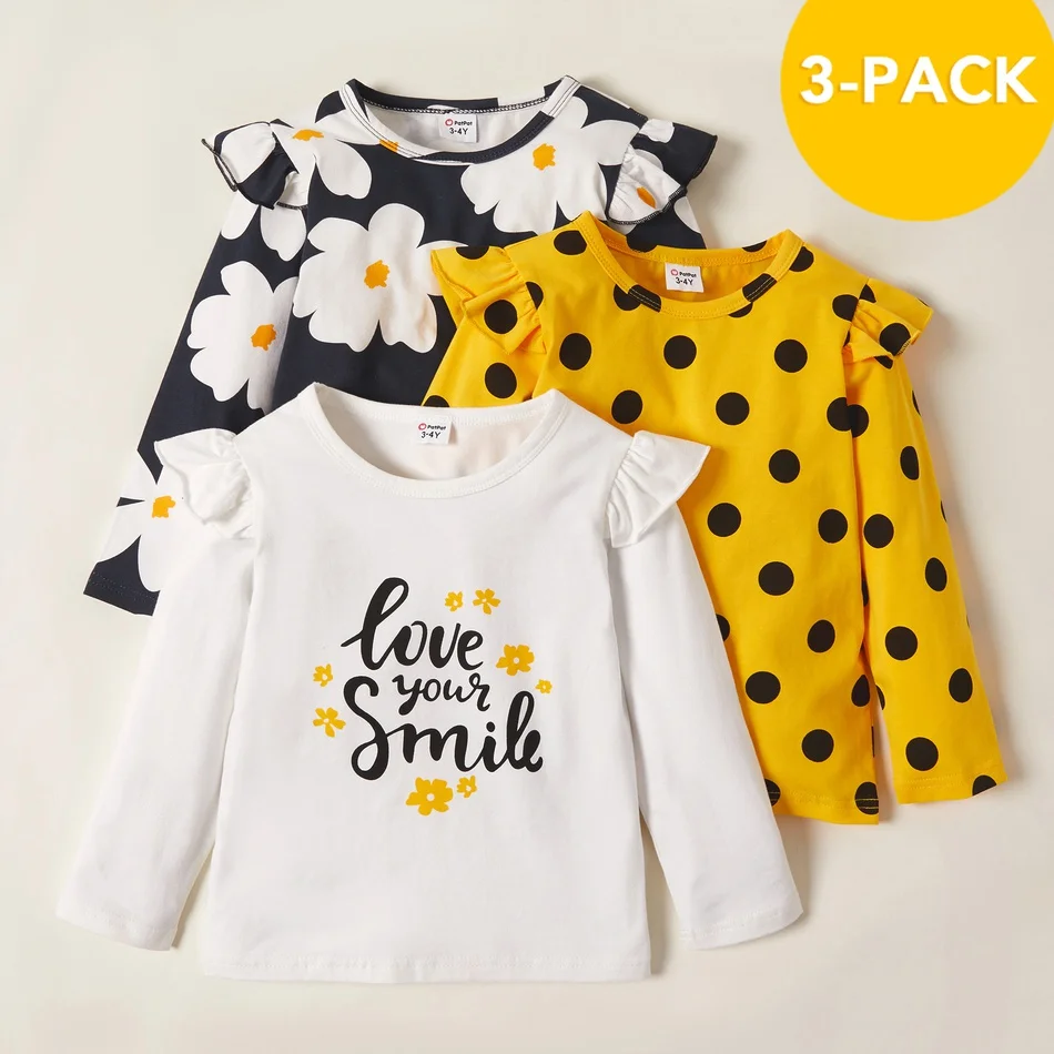 PatPat New Arrival Autumn and Spring 3-pack Toddler Girl Floral and Polka Dots Tee Set Children's Clothing