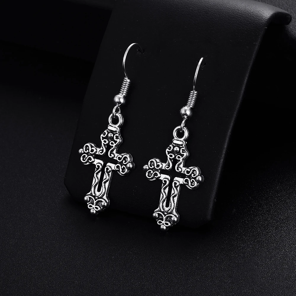 Trendy Vintage Cross Shape Dangle  Antique Silver Plated Earrings for Women Girl Retro Drop Earrings Cute Earring Jewelry Bijoux