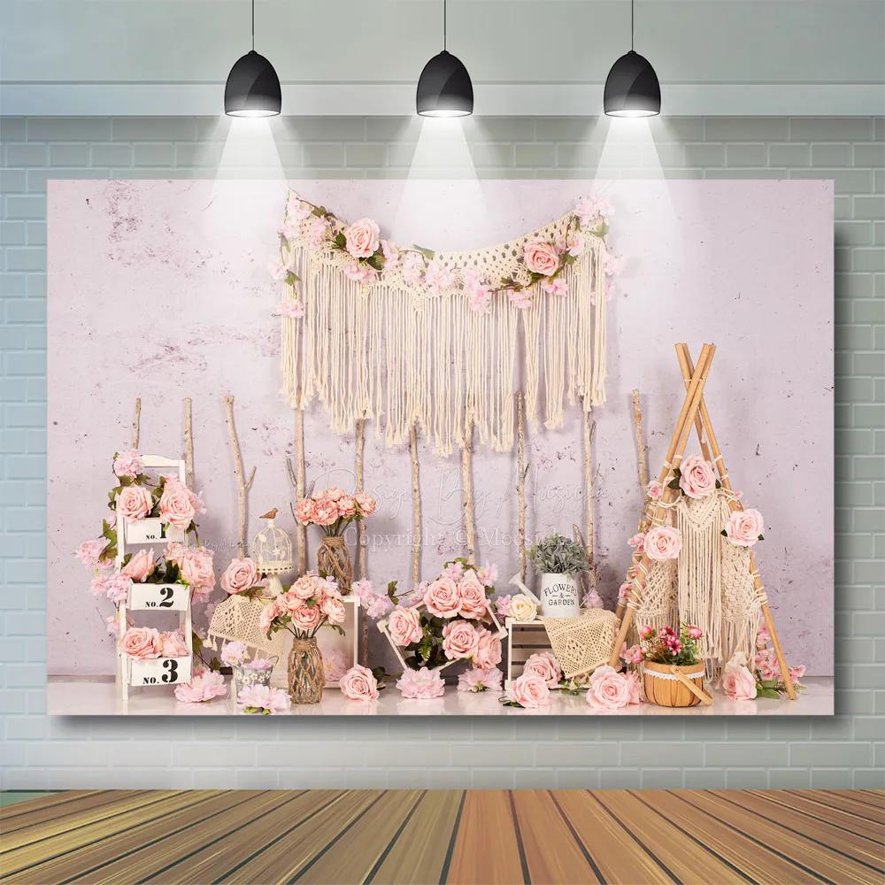 

Pink Floral Spring Backdrop Kids Cake Smash Props Bird Wooden Decor Baby Shower Birthday Photography Banner Child Photostudio