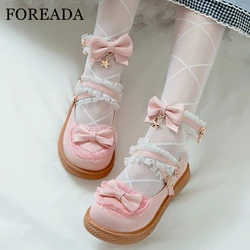 FOREADA Woman Lolita Style Shoes Flat Ankle Style Shoes Bow Round Toe Buckle Ladies Footwear Kawii Princess Flats Spring 34-43