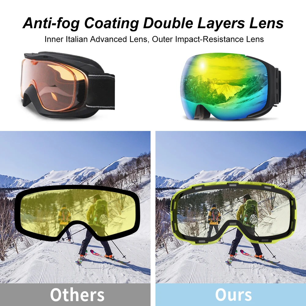 COPOZZ Magnetic Ski Goggles with 2s Quick-Change Lens and Case Set UV400 Protection Anti-Fog Snowboard Ski Glasses for Men Women