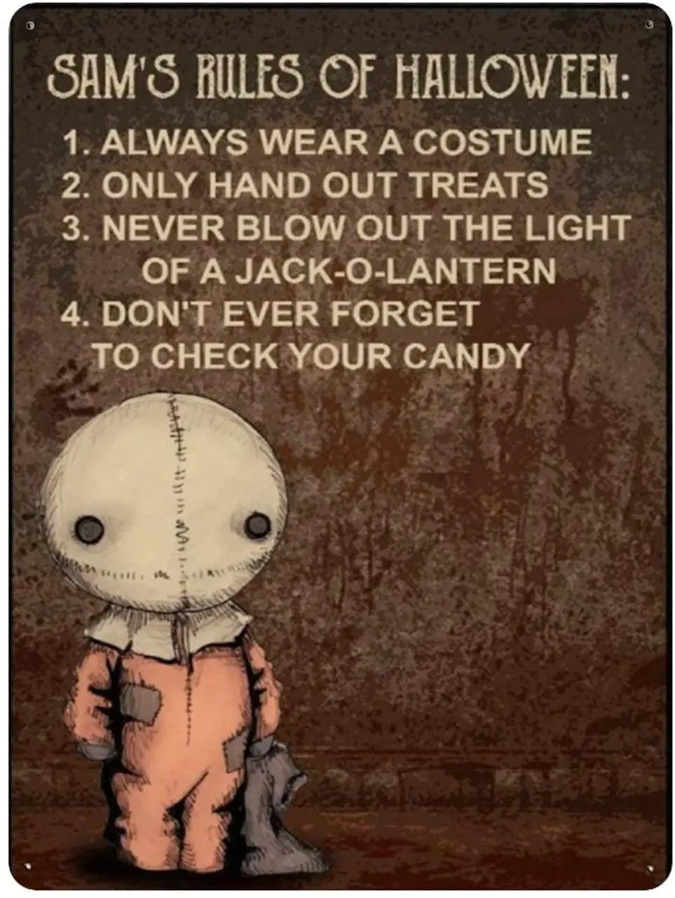 Metal Tin Sign, Sams Rules Of Trick Or Treat Movie Sam Trick 'R Treat, Halloween Aluminum Sign Wall Art Decor Metal Sign,Public