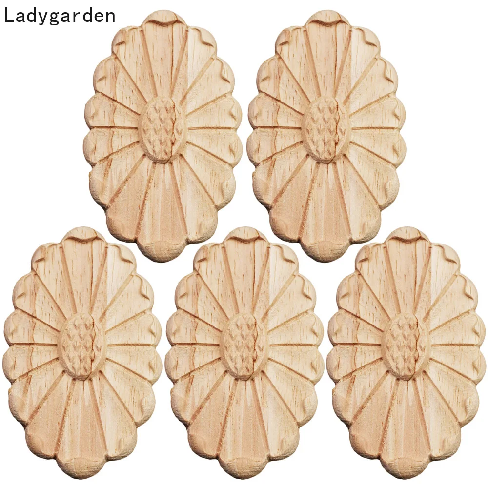 

5PCS Vintage Statues Home Decor Decoration Accessories Wood Fittings Oval Sculptures Carving Decorative Applique Craft