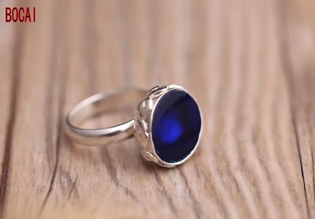 

925 sterling silver palace carved open ring female retro original handmade silver jewelry blue enamel ring