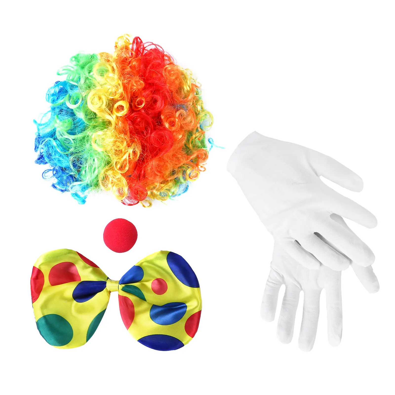 Rainbow Circus Clown Costume Wig Sponge Nose Dots Bow Tie White Glove Clown Set for Halloween Christmas Cosplay Costume Props