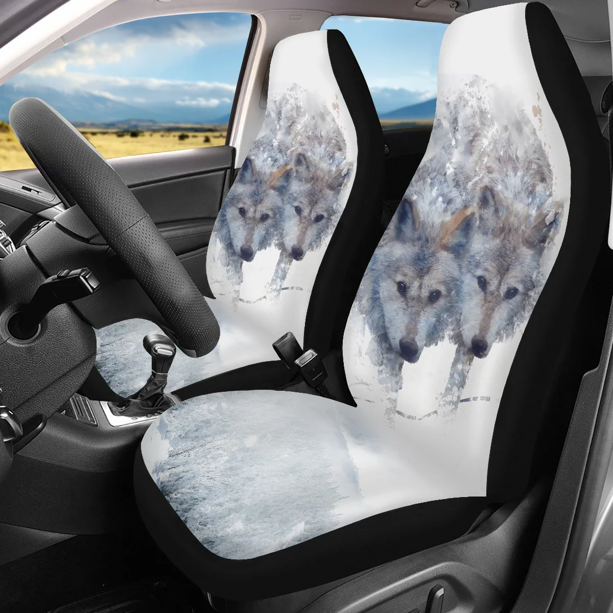 New Fashion Cool 3D Couple Wolves Pattern Vehicle Seat Covers Set of 2 Universal Car Front Seat Covers Anti-Slip Seat Protector