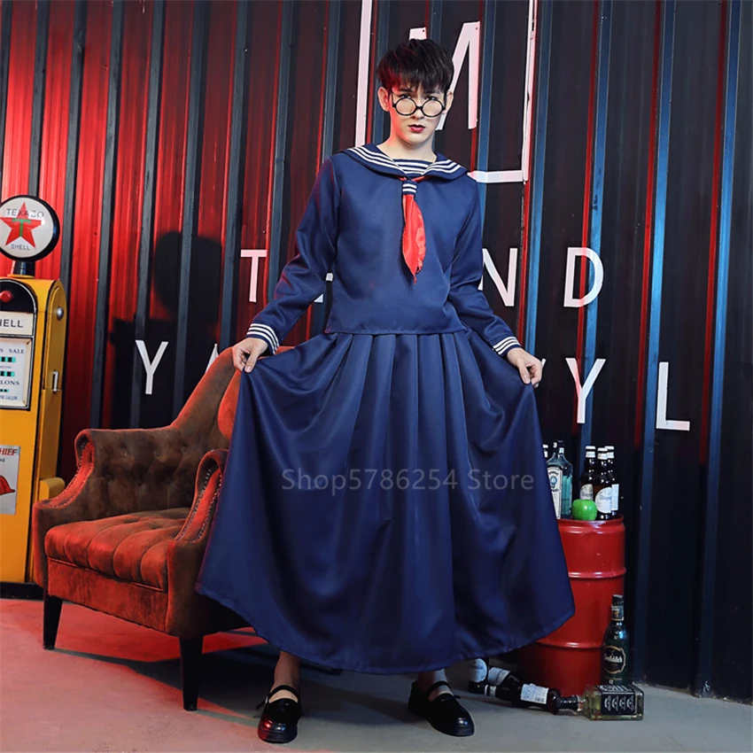 Japanese School Uniform JK Suit Navy Blue Sailor Shirt Boy Girls Tops Skirt Set Bad Girl Doll Long Summer Dress Cosplay Costumes