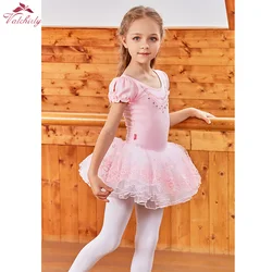 Pink Short Sleeves Girls Ballet Tutu Dress Dancewear Costumes Ballet Dance for kids Embroidery Skirt