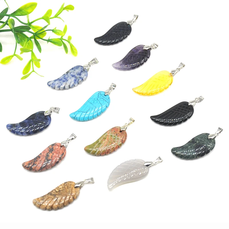 

1PC Natural Stone Carved Angel Wing Pendant Healing Crystal Craft Gift Reiki Gemstone Women Jewelry Necklaces Making Accessories