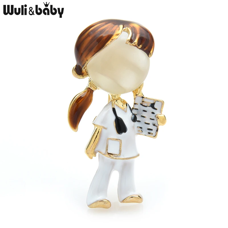 Wuli&baby Black Brown Hair Doctor Nurse Brooches For Women Unisex Enamel Hospital Figure Party Office Brooch Pin Gifts