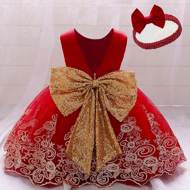 Toddler Baby Baptism Dress For Girls Infant 1 Year Birthday Party Dress Sequins Bow Wedding Princess Dress Children Clothes