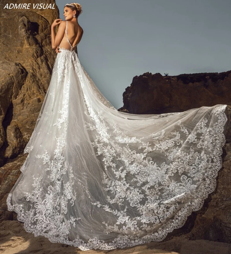 Abito da sposa per sposa scollo a v profondo scollo a v Plus Size senza maniche con abito da sposa lungo aperto sul retro abiti da sposa