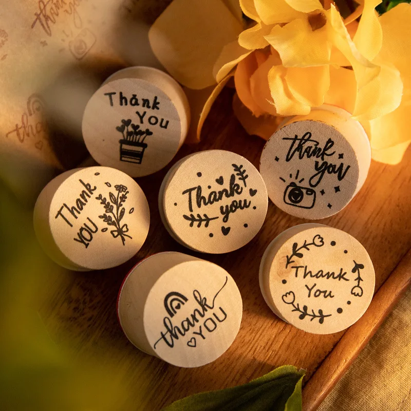 6pcs Thank You Wood Rubber Stamps Round Wooden Stamp DIY Craft Scrapbooking Stamping Birthday Party Christmas Wedding Decoration