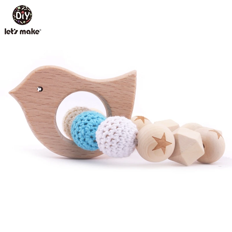 Let's Make 1pc Wooden Teether Montessori Baby Toys Crochet Beads Teething Bird DIY Teether Round Beads Baby Rattle Teether