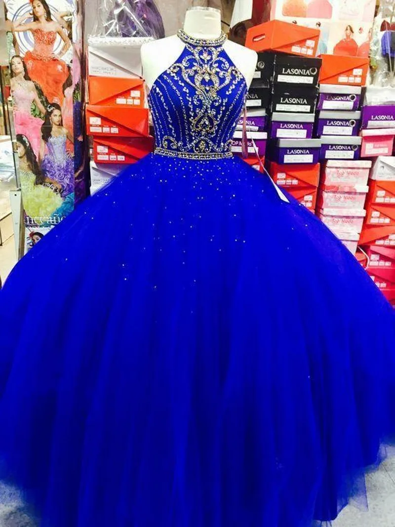 Royal Blue Gaun Bola Quinceanera Gaun Halter Kristal Berlian Imitasi Tulle Pesta Sweet 16 Dress Vastidos De Gaun