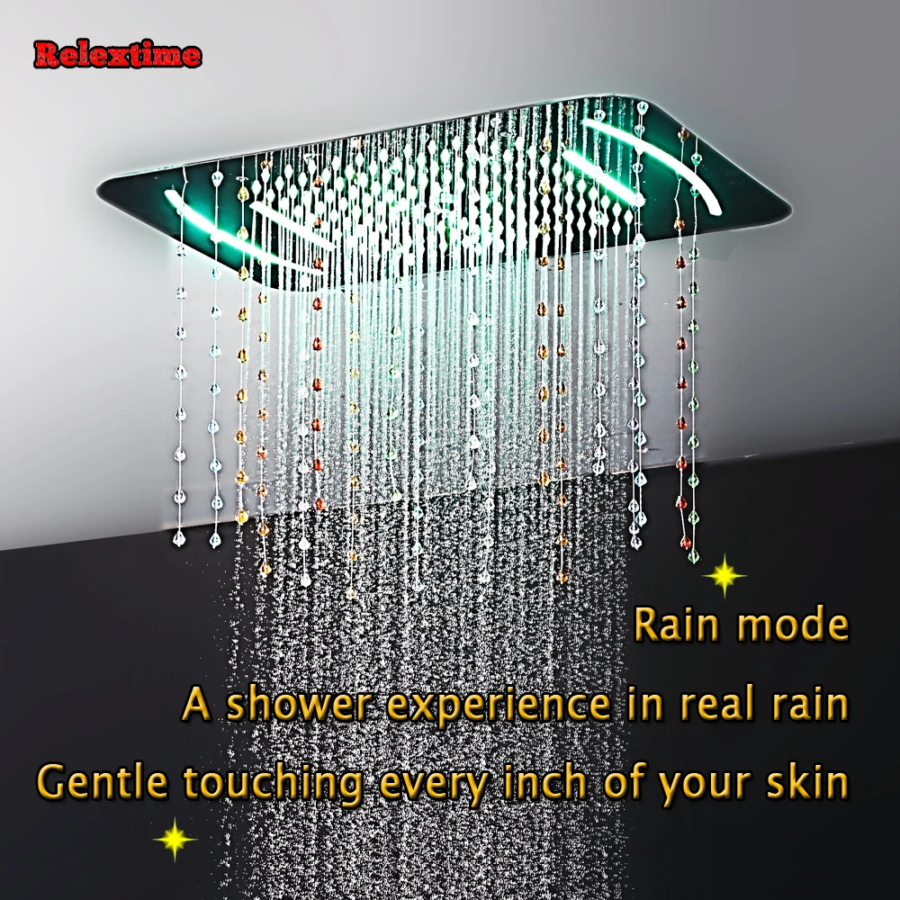 Crystal quart Light LED Ceiling Shower Head Rain Waterfall Bathroom Concealed Shower Panel Thermostatic Mixer Faucet massage Jet