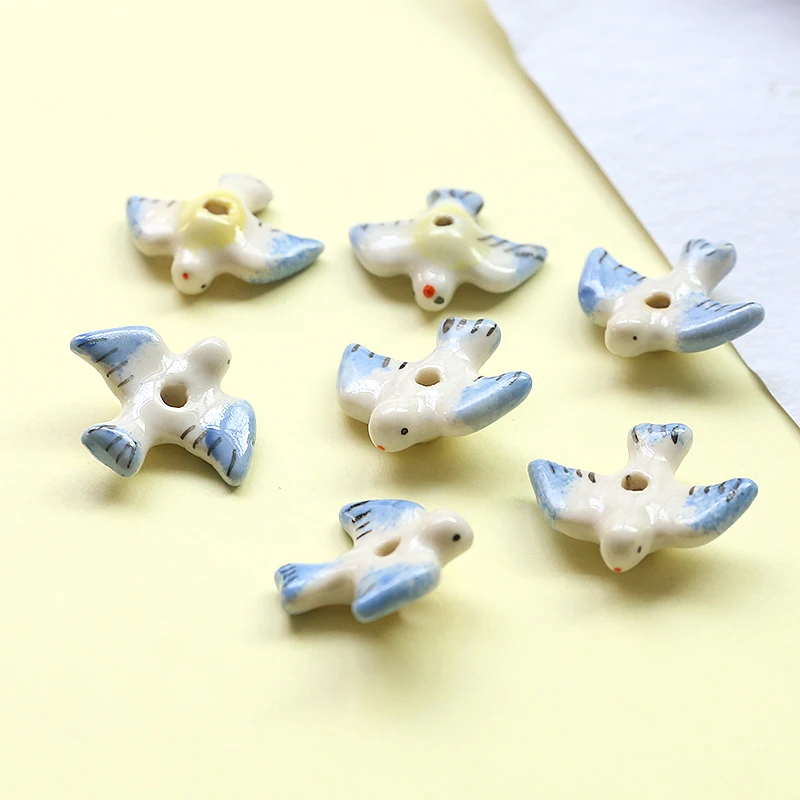 5pcs Hand Painted Swallow Ceramic Bead 23X20mm Loose Spacer Blue White Bird Animal Bead For Jewelry Making DIY Bracelet Earring