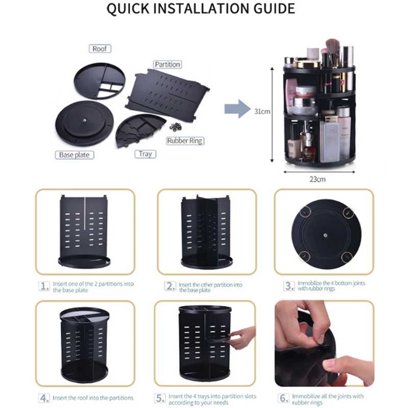 Boîte de rangement cosmétique rotative à 360 degrés, étagère ronde et carrée