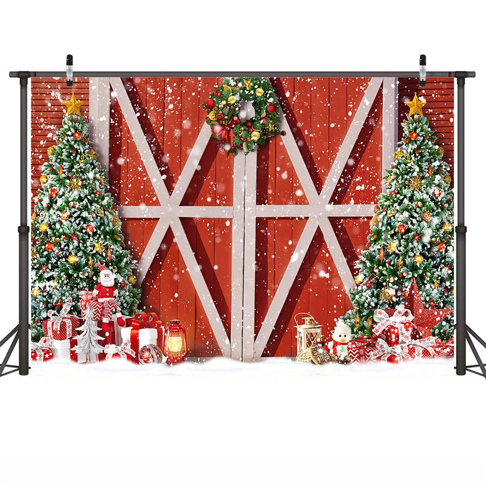 Fondo de puerta de Granero rojo Retro de Navidad, regalos de nieve de invierno, fondo de árboles de Navidad, foto de retrato de cumpleaños familiar para niños y adultos