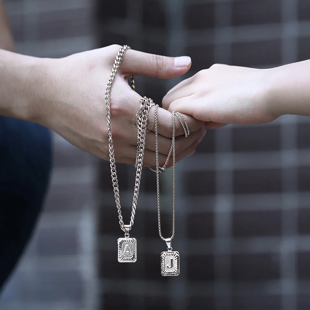 Silver Color Square Initial Letter ABC Pendant Necklace for Men Women Stainless Steel Curb Cuban Chain Name Pendant 5mm GPM11B
