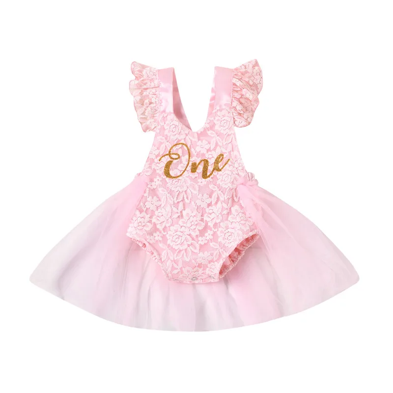 Vestidos de tule infantil com renda, macacões infantis, vestido de batismo de 1 ano