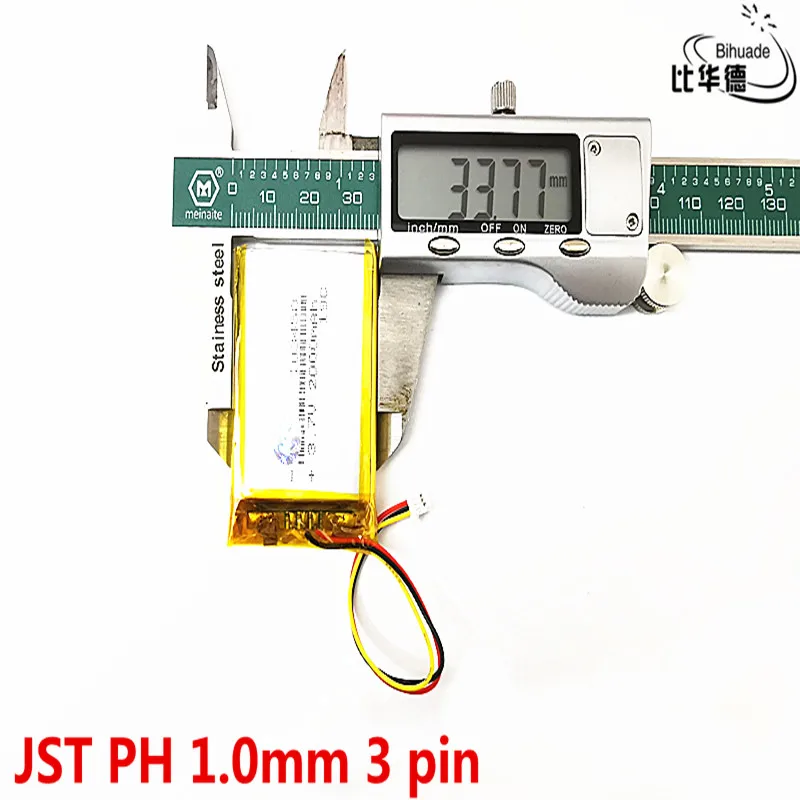 JST – batterie lithium 1.0 V, 3.7mm, 3 broches, bonne qualité, 103450 mAh, pour phare, navigateur GPS, polymère général, 2000