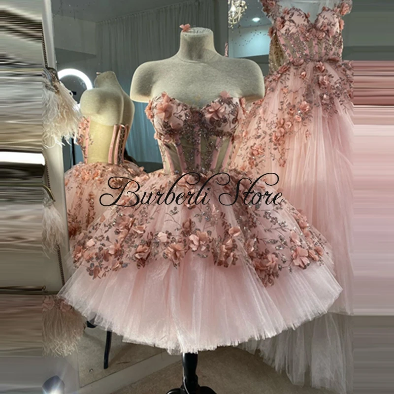 Glitter Sequins Pink Floral Tulle Tutu Dresses For Women Birthday Photoshoot Pretty 3D Flowers Mini Prom Gowns To Cocktail Party