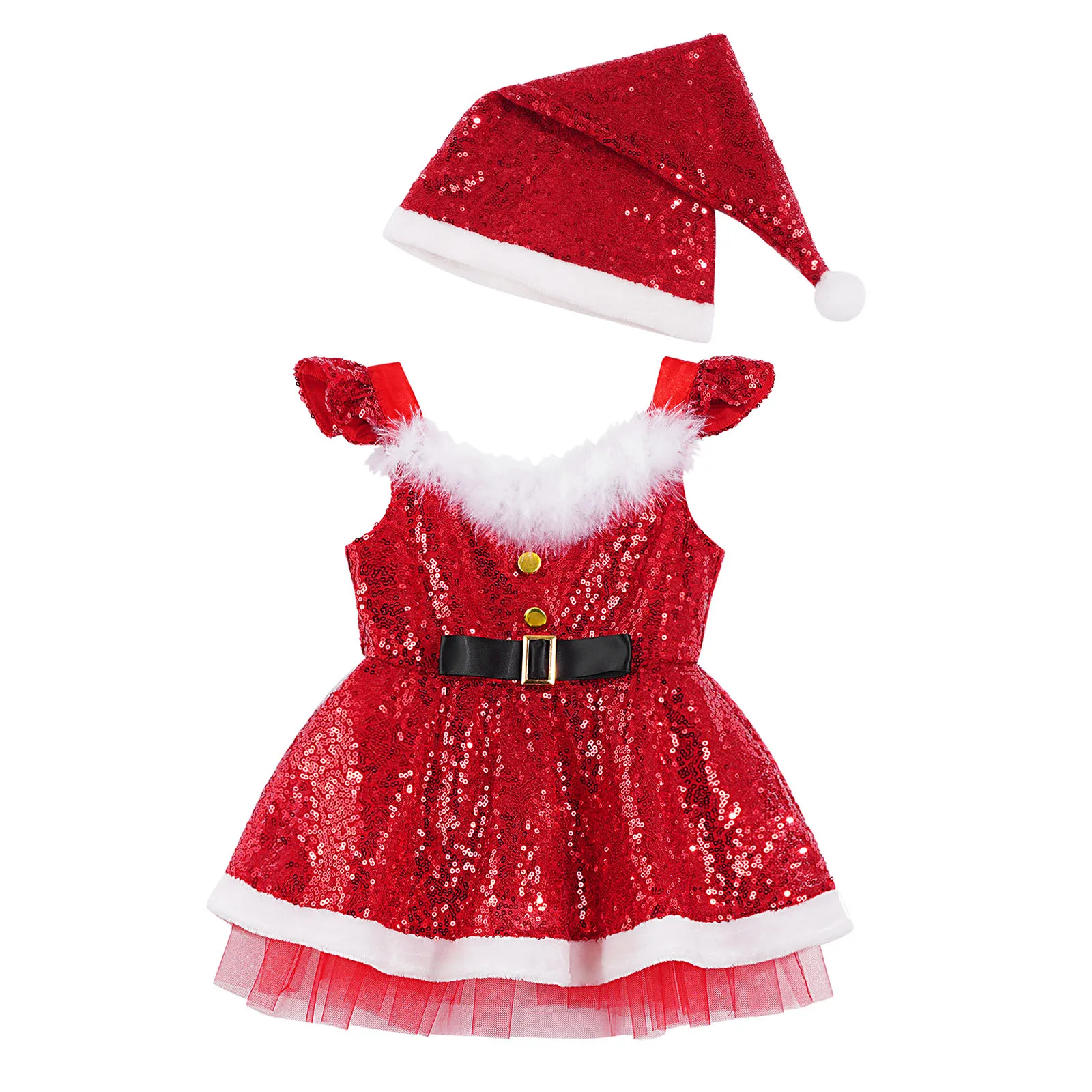 Kids Christmas Costume Sleeveless Sequins Ballet Tutu Dress Figure Skating Gymnastics Leotard Jazz Latin Performance Dancewear