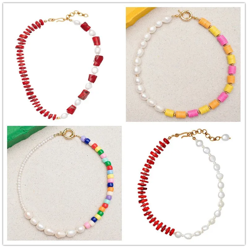 

HABITOO Beauty White Baroque Pearl/ Red Coral /Multicolor Soft Pottery Bead Splicing Choker Necklace 14KGP Clasp Charming Gift