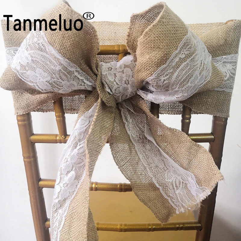 5PCS/lot Rustic Lace Burlap Chair Sashes Wedding Decoration Jute Tie Bow DIY Crafts Banquet Table Runner Event Party Supplies