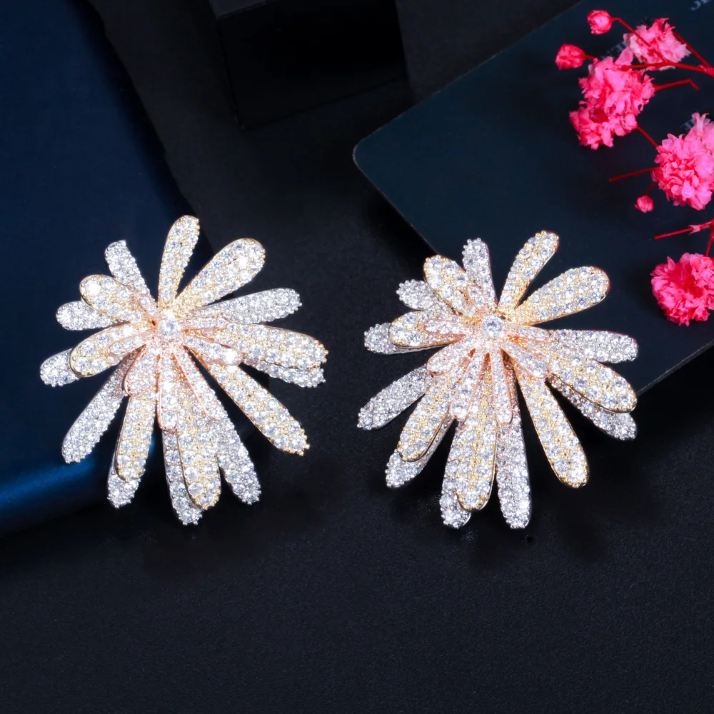 CWWZircons 3 Tone Gold Color Multi Layer Firework Flower Cubic Zircon Big Luxury Earrings for Women Wedding Bridal Jewelry CZ887