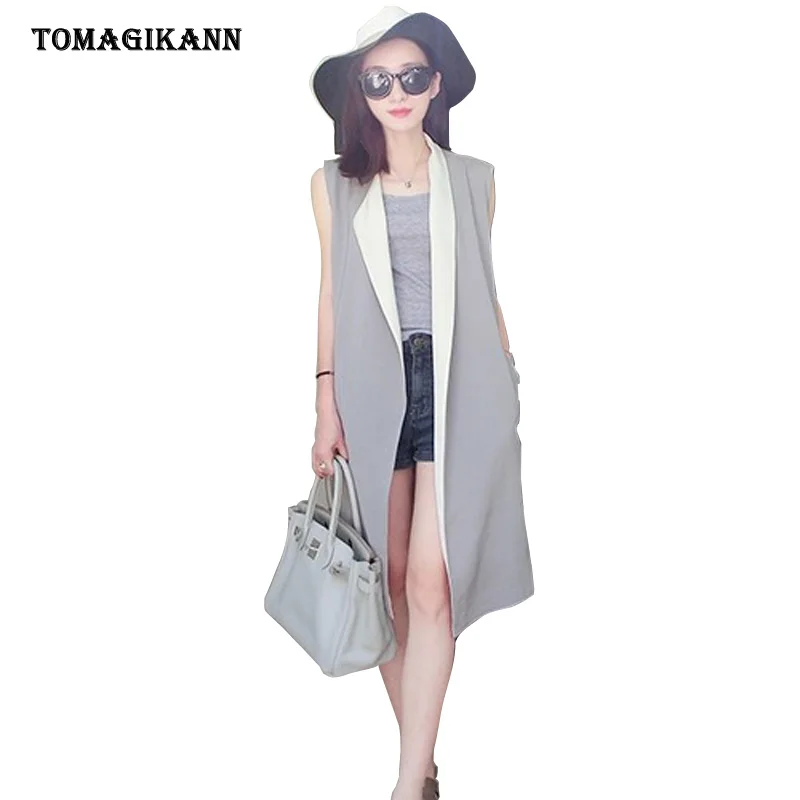 

Grey White Patchwork Long Women Blazer Vest Autumn Plus Size Open Stitch Sleeveless Gilet Femme Chaleco Tops