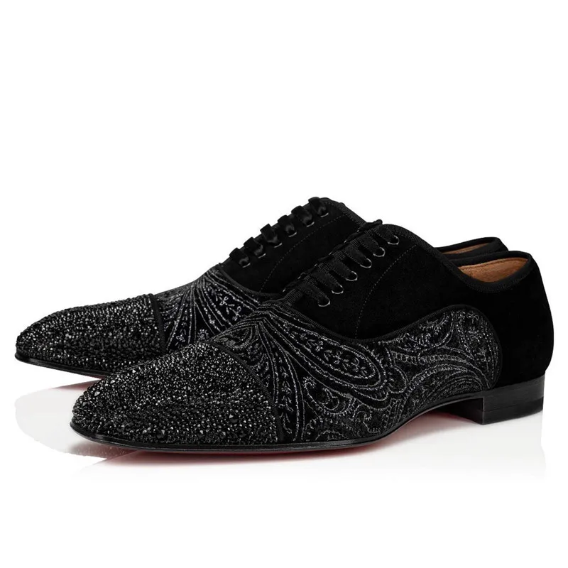 SHOOEGLE Luxury Black Handmade Rhinestone Shoes Men Diamond Printing Flower Embroider Lace Up Flat Shoes Male Fashion Loafer