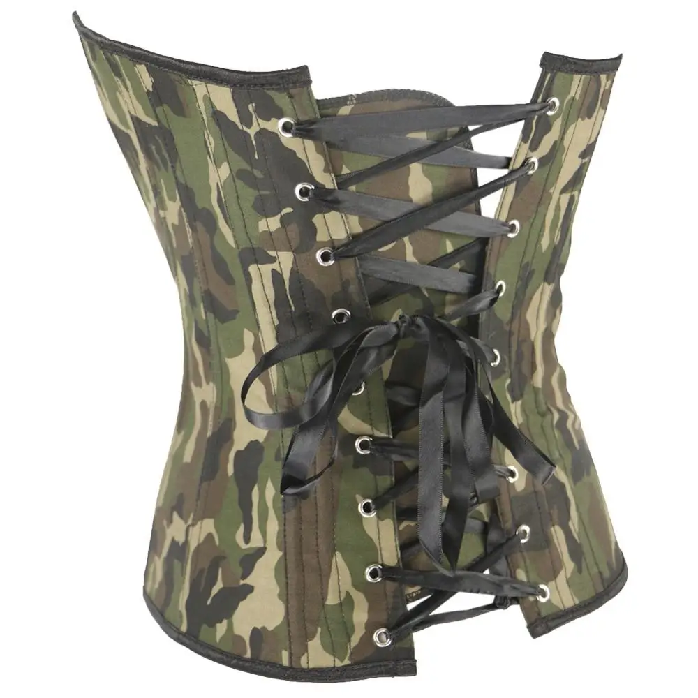 Camouflage Vintageเซ็กซี่Steampunkรัดตัวสำหรับสตรีสวมใส่OverbustเอวSlimming Bustierแฟชั่นพิมพ์เซ็กซี่Top Corset