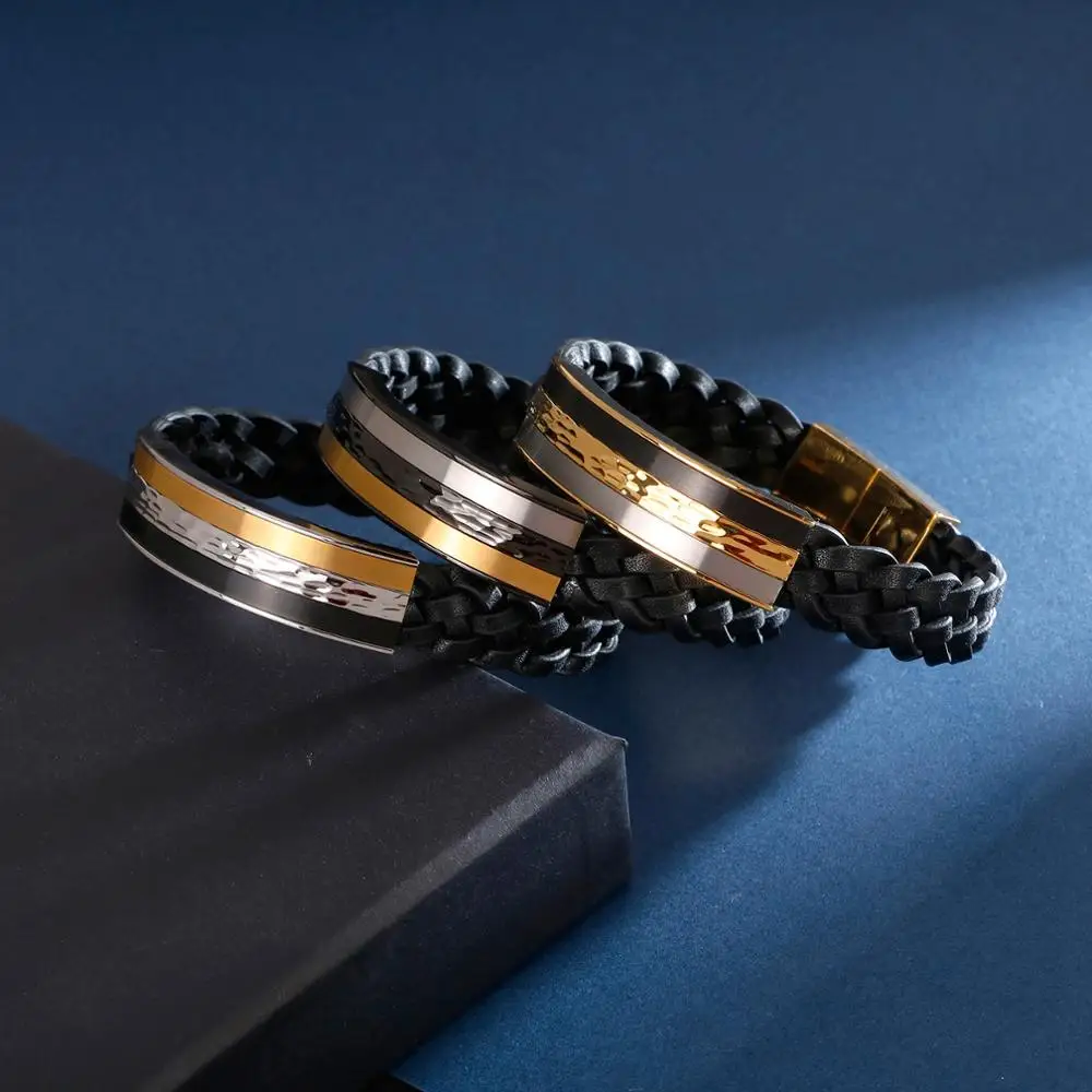 KALEN 21.5cm Black Genuine Leather Bracelet Men Stainless Steel Hip Hop Biker Bracelet Jewelry
