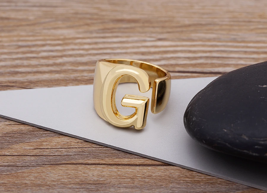 Trendy Hollow A-Z Letter Gold Color Adjustable Opening Ring Initials Name Alphabet Female Chunky Wide Party Wedding Jewelry