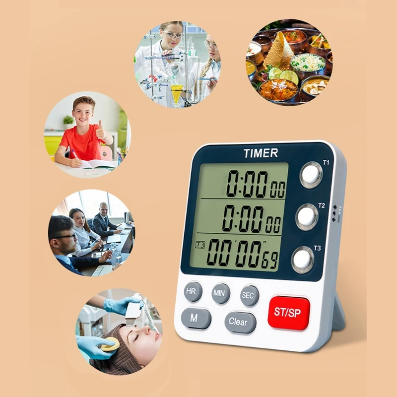 Digital Dual Kitchen Timer 3 Channels Count UP/Down Timer Cooking Timer Stopwatch Large Display Adjustable Volume Retailsale