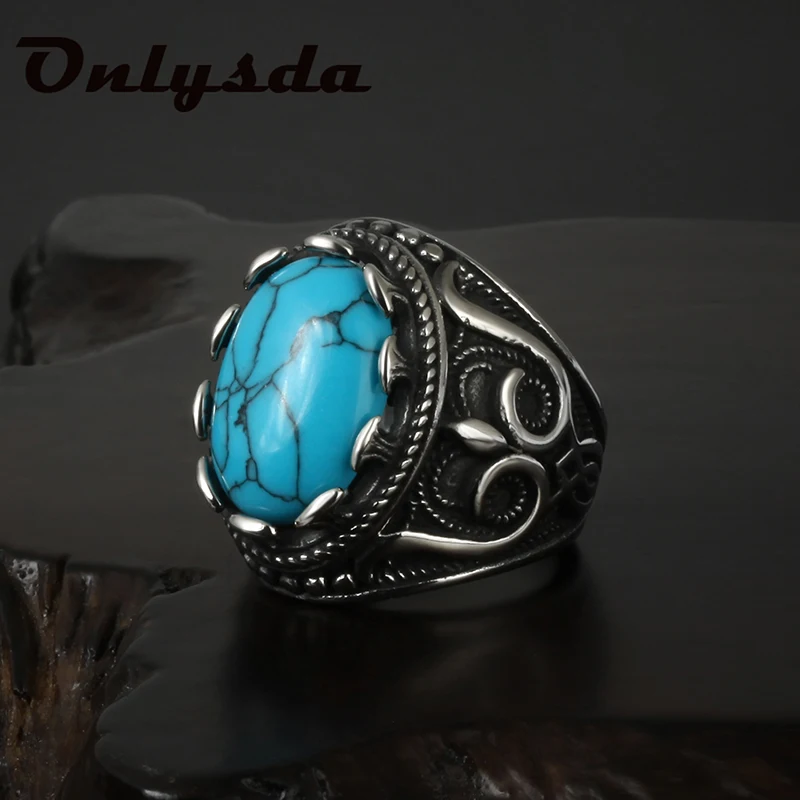 Onlysda Fashion Flower Band Oval Natural Man Ring With Stone For Women Vintage Look Antique Silver Color Men Jewelry Party Gifts